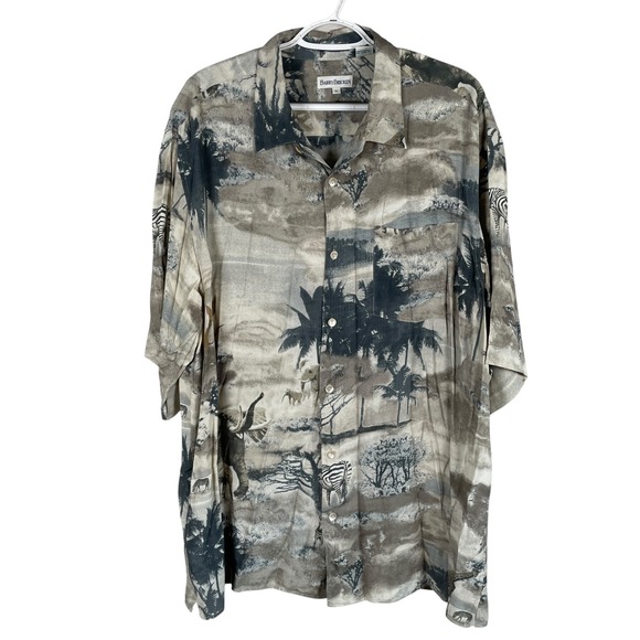 Vintage‎ Barry Bricken African Safari Shirt Mens XL Beige Button Up Rayon S/S - Picture 1 of 6